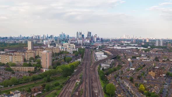 Aerial Hyperlapse over busy train tracks London City