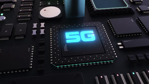 5g header. next generation chip and processor animation. big power technological breakthrough