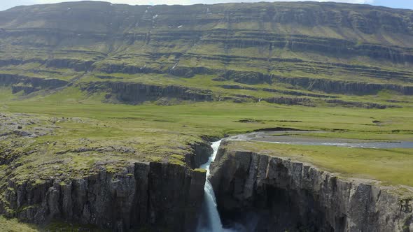 Flying Above the Folaldafoss Waterfall in East Iceland