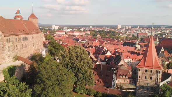 Aerial Panoramic View of Nurnberg Medieval German Town From Drone