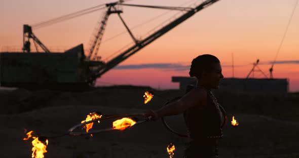 Fire Show Artist Breathe Fire in the Dark at Abandon Building Slow Motion