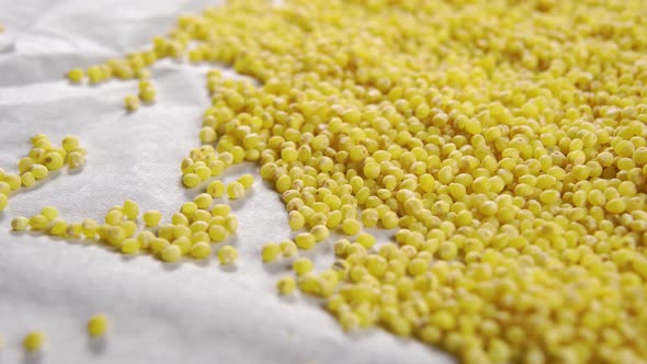 Dry yellow millet scattered on a white crumpled paper. Macro