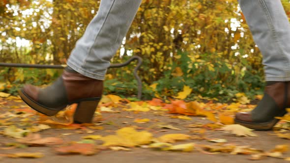 Woman Legs in Stylish Boots Walk on Golden Leaves Side View