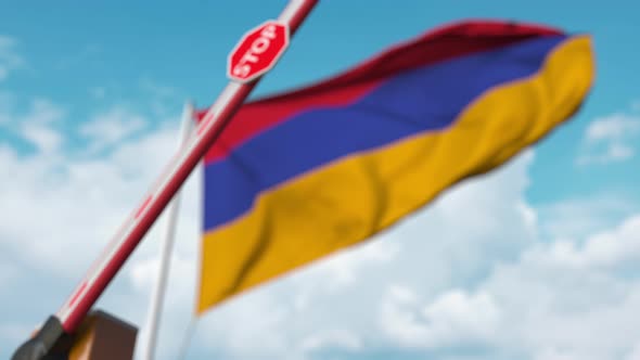 Barrier Gate Being Closed with Flag of Armenia As a Background