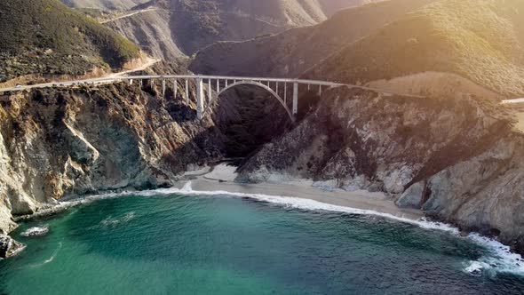 Aerial of Bixby Bridge and coastline of California