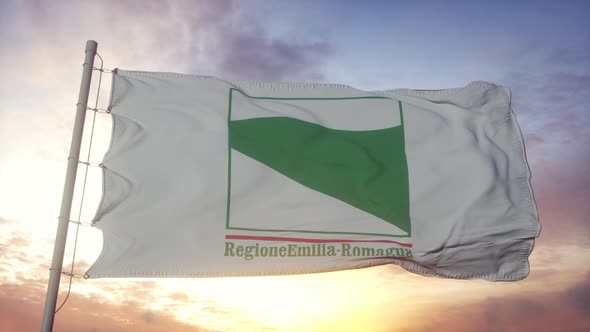 EmiliaRomagna Flag Italy Waving in the Wind Sky and Sun Background