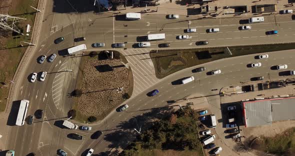 Aerial Top Down Shot of a Traffic Jam on a Car Road Intersection in the Rush Hour.  Video