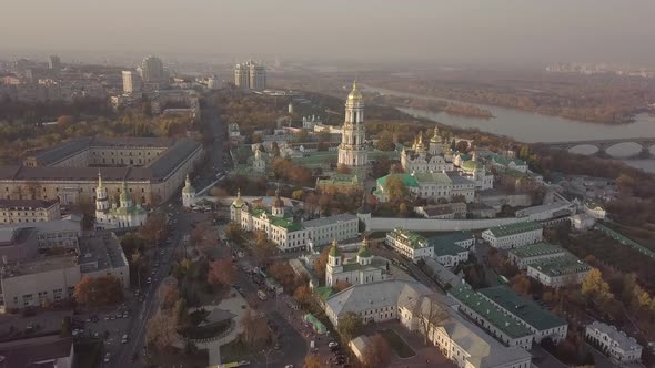 Aerial Kyiv Pechersk Lavra churches and monastery on hills of Dnipro river Ukraine