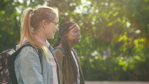 Pretty African and Caucasian Female Students Walking Together in Park