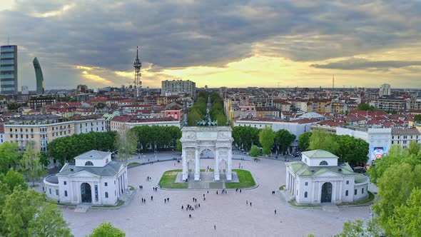 Aerial View Shot of Flying Drone Milano Italian City in Lombardia Round Square Arco Della Pace