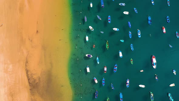 Aerial View of the Golden Sand of the Beach Las Teresitas and Colorful Boats Moored Alongside a