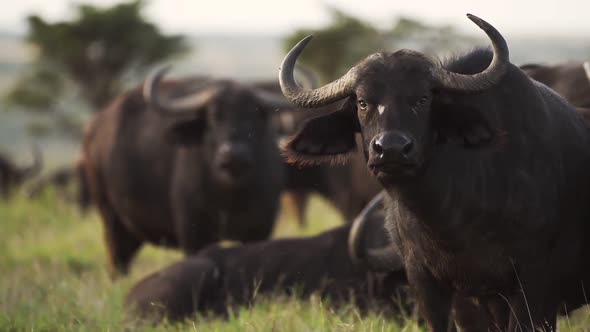 Buffalo with flies at sunset. African wildlife, shot in Kenya