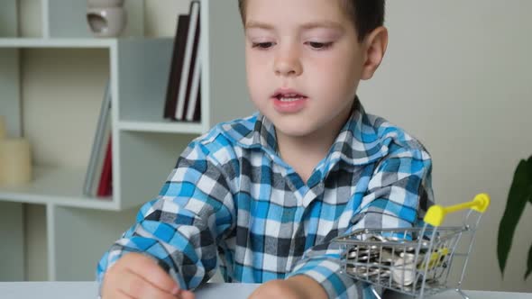 A 5Yearold Boy Counts Coins and Puts Them in a Cart