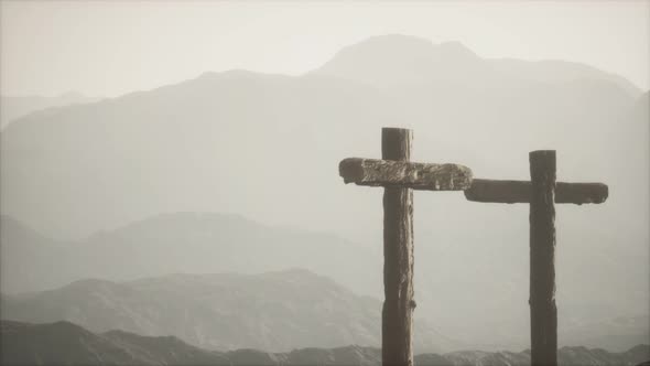 Wooden Crucifix Cross at Mountain