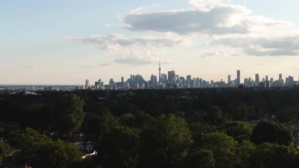 A fantastic panorama of concrete and glass Toronto is seen from a distance. Forest lies in front of