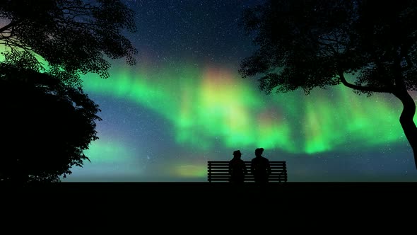 Silhouettes of Girls. Northern Lights on Light Background.