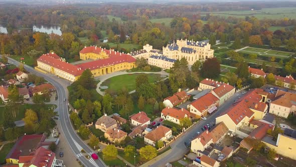 Aerial View of Small Town Lednice and Castle Yard with Green Gardens in Moravia Czech Republic