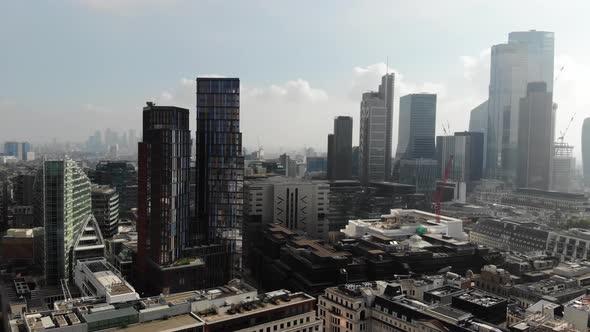 Panoramic aerial view of new building near Liverpool Street Station on a hazy sunny day in London