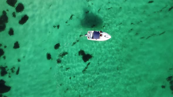 Aerial Panoramic View of Seascape with Crystal Clear Azure Sea and Rocky Shores