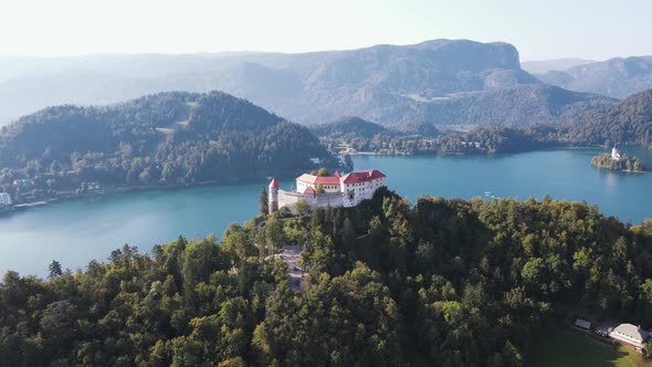 Aerial view of Blejski Grad, a castle in Bled Lake, Slovenia.