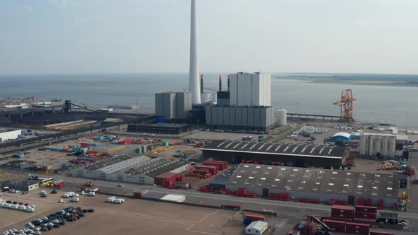 Aerial Flight Moving Toward the Esbjerg Power Station in Denmark