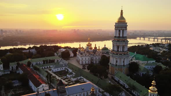 Kyiv, Ukraine: Aerial View of Kyiv-Pechersk Lavra in the Morning at Sunrise.