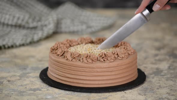 Delicious chocolate cake with nuts. Cutting chocolate cake with a kitchen knife