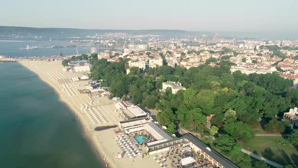 4k aerial video of Varna center and the beach. The sea capital of Bulgaria.