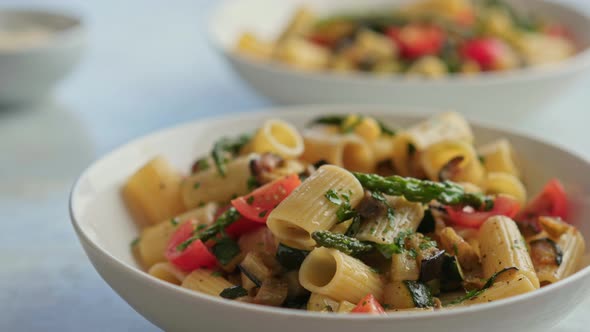 Pasta Salad with Grilled Vegetables Zucchini Eggplant Asparagus and Tomatoes