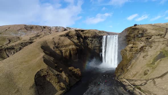 Aerial view of Skogafoss waterfall in Iceland.