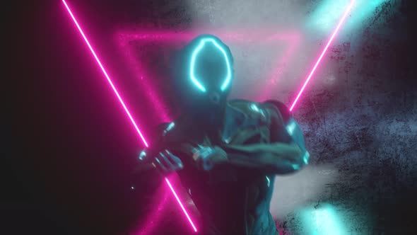 Dancing Alien Robot on a Metal Neon Background
