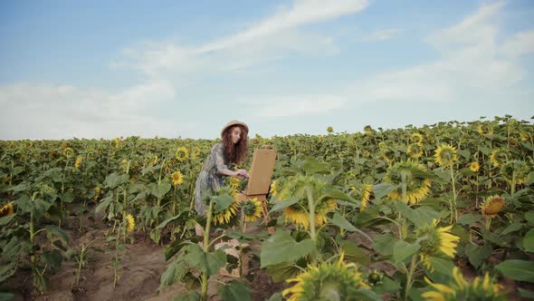 Natural View of Colourful Field with Pretty Female Artist Painting