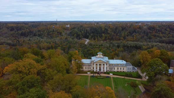 Aerial View of the Krimulda Palace in Gauja National Park Near Sigulda and Turaida, Latvia. Old Mano