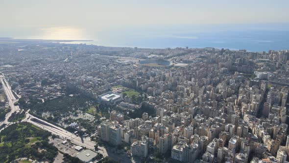 Drone shot panning across beirut showing Beirut Port and Beirut Airport