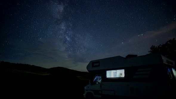 Night sky with milky way above motorhome.