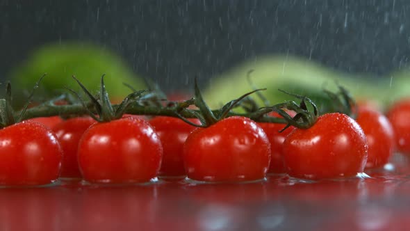 Water Falling to Fresh Tomatoes in Super Slow Motion 1000Fps