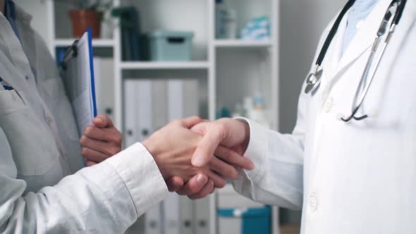 Doctors Shake Hands With Each Other. The Meeting Of Doctors Embraced Hands. Greetings Two Doctors