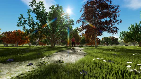 Girl Running On Forest Road