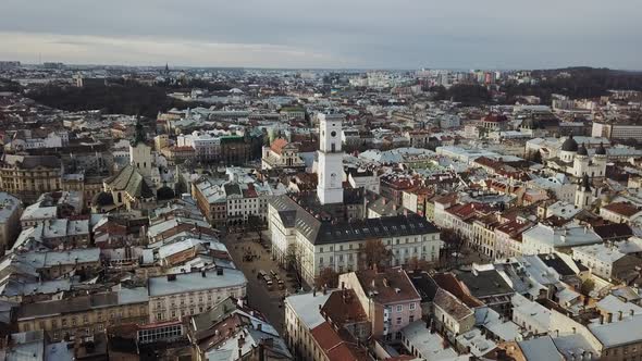 March 2019  Lviv Ukraine Top View From of the City Hall on Houses in Lviv Ukraine