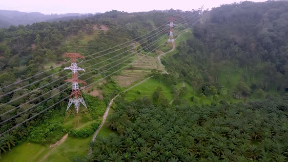 Aerial view fly over electric tower 