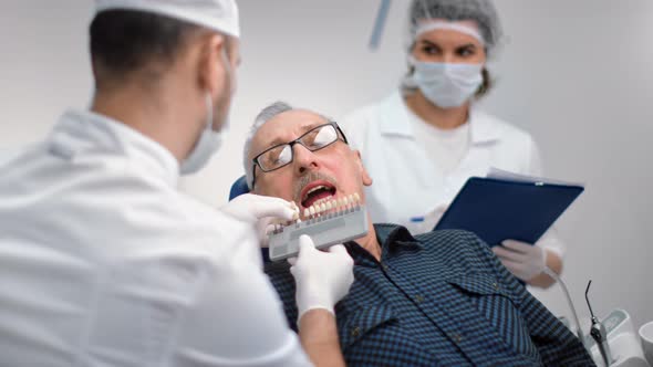 Male Dentist Choosing Color of False Jaw Trying Teeth to Mature Patient