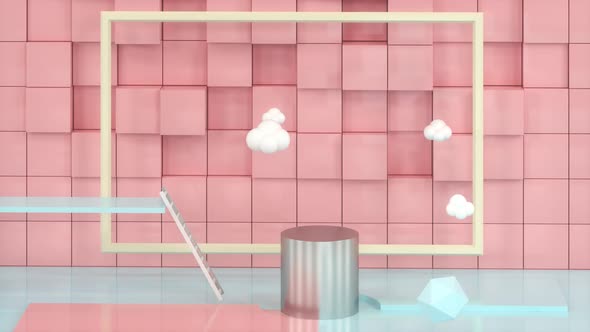 Many geometries in the cartoon room,floating clouds.