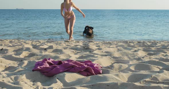 A woman and her playful dog leave the water and walk up the beach