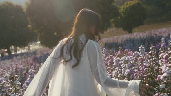 Young Asian Woman Walking and Touching Flowers in a Flower Field at Sunset