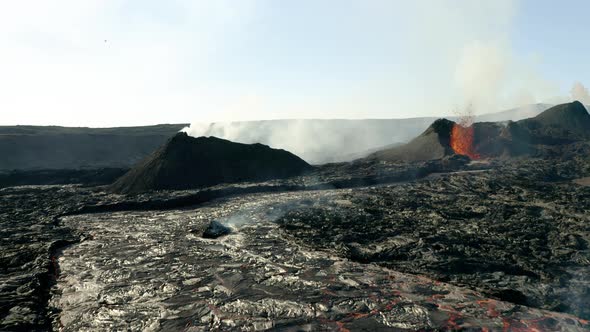 Volcanic Eruption At Geldingadalir Valley In Reykjanes Peninsula, Iceland. - wide static
