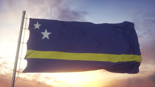 Flag of Curacao Waving in the Wind Sky and Sun Background