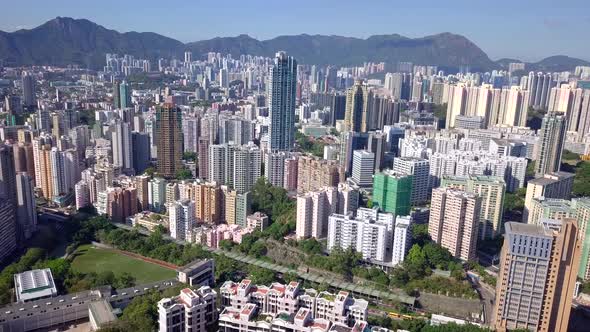 Drone fly over the Hong Kong urban city