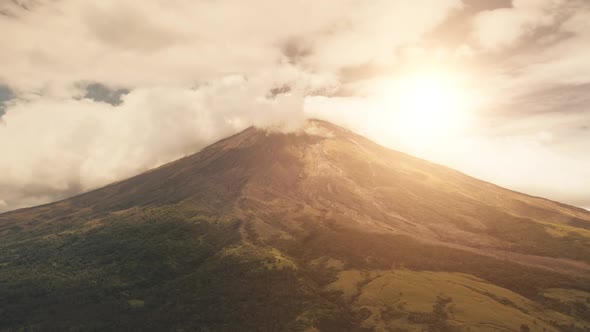 Aerial Closeup Sun Over Volcano
