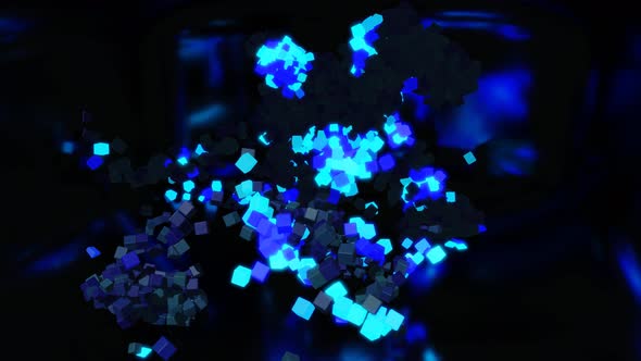 Blue Cubes Fly in Air and Form Pattern in 3d Space