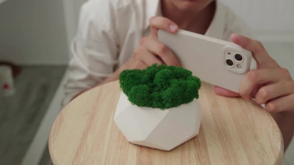 Woman Take Photo on Smartphone Plaster Pot with Green Moss at Home